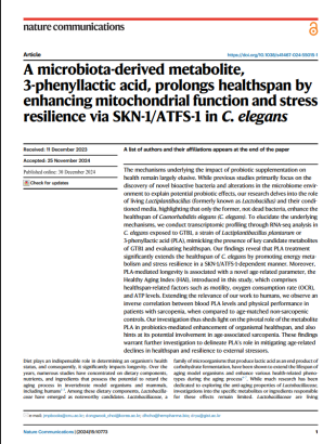 Microbiota-derived metabolite, 3-phenyllactic acid, prolongs healthspan by enhancing mitochondrial function and stress resilience via SKN-1/ATFS-1.